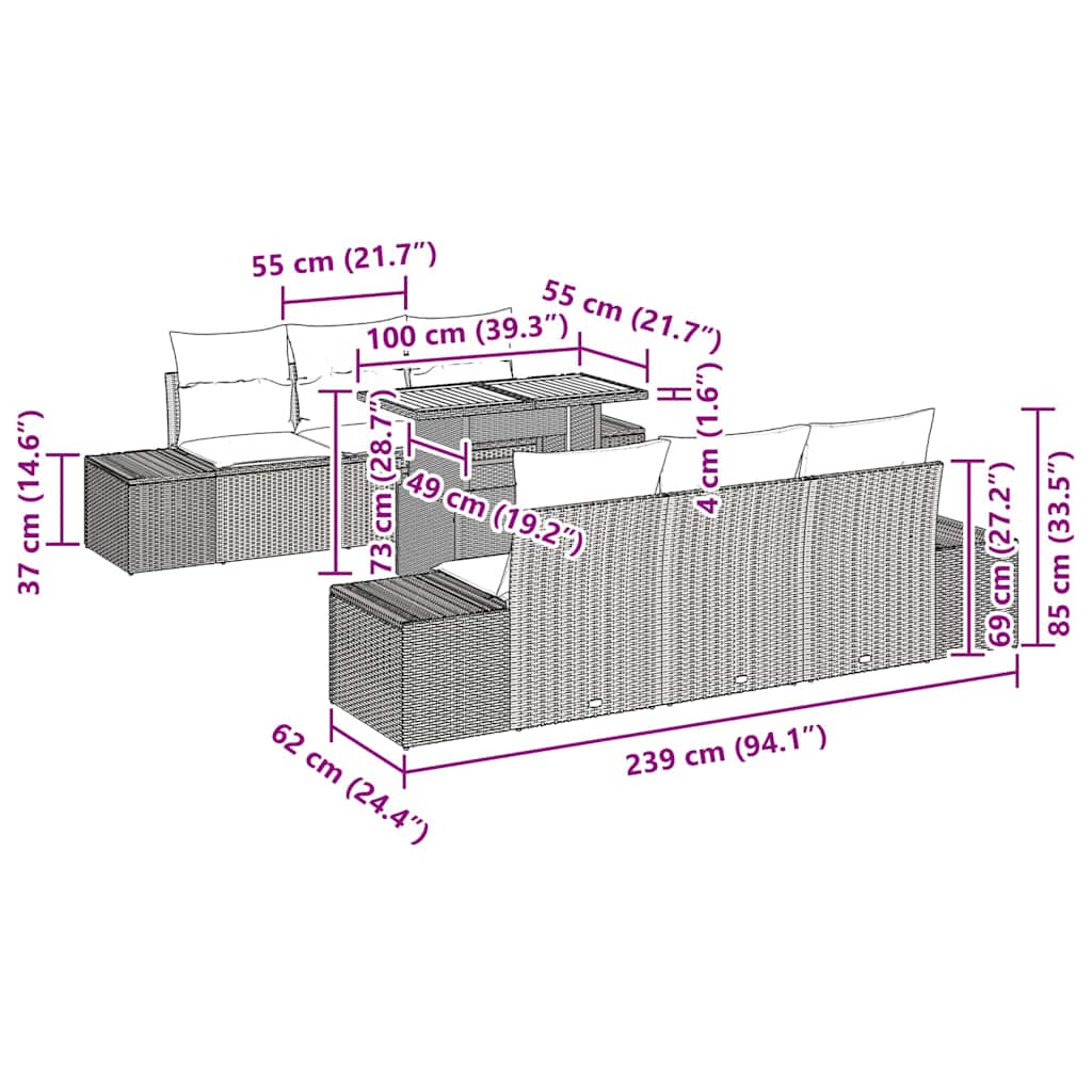 Garten Essgruppe mit Kissen 7 pcs Grau und Braun