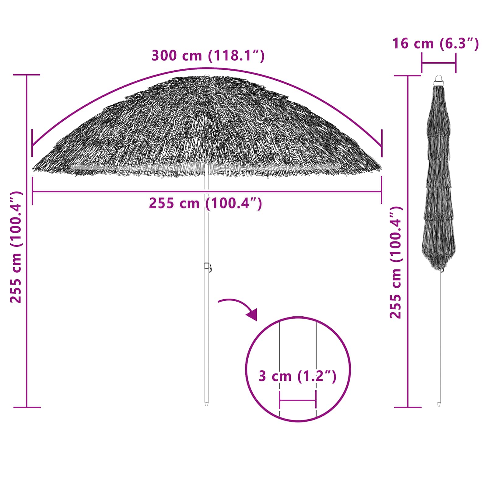 Strandparasol Natur 255 x 255 x 255 cm Polyester und Stahl