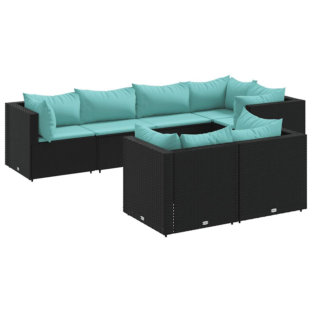 7-tlg. Garten-Lounge-Set mit Kissen Schwarz Poly Rattan