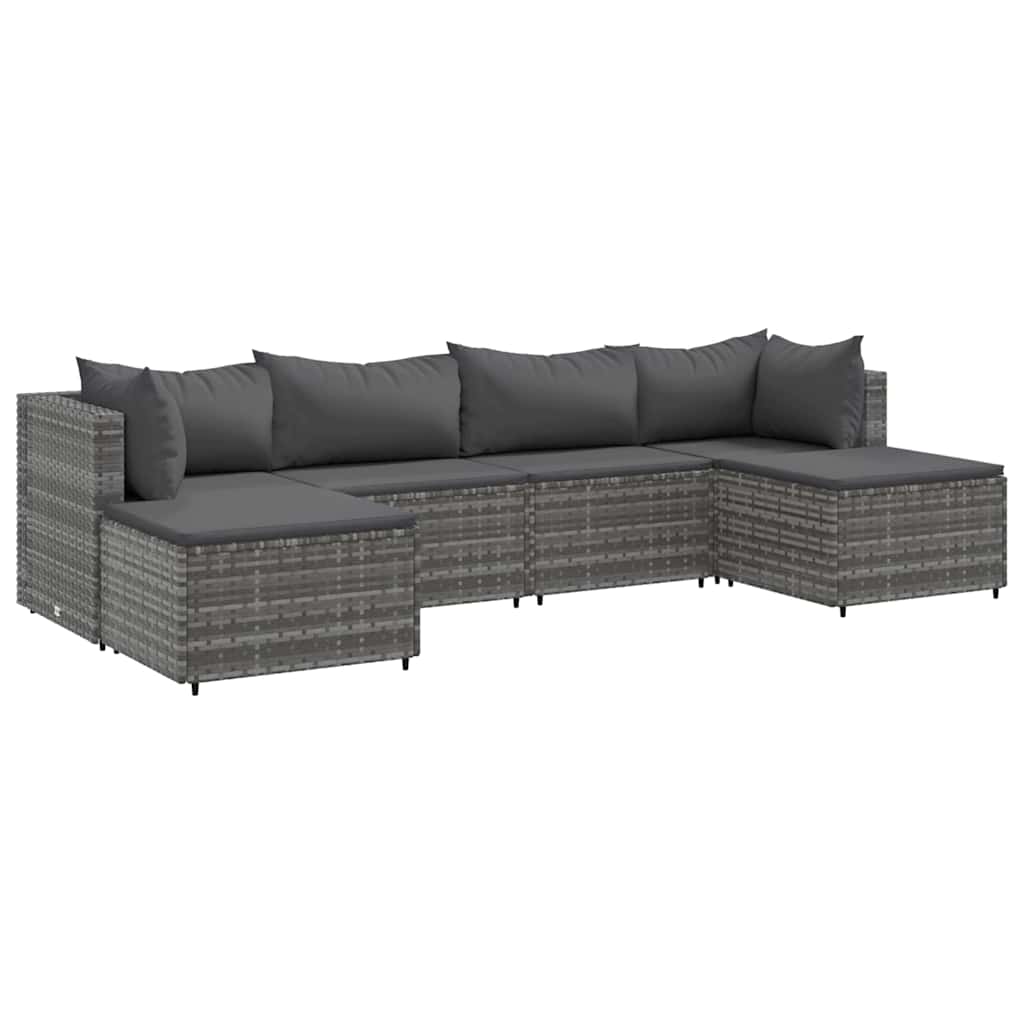 6-tlg. Garten-Lounge-Set mit Kissen Grau Poly Rattan