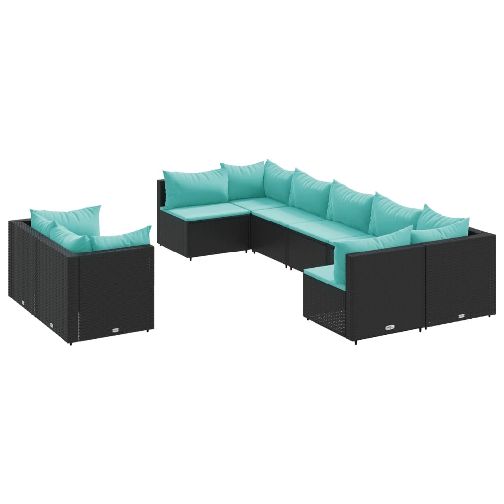 9-tlg. Garten-Sofagarnitur mit Kissen Schwarz Poly Rattan