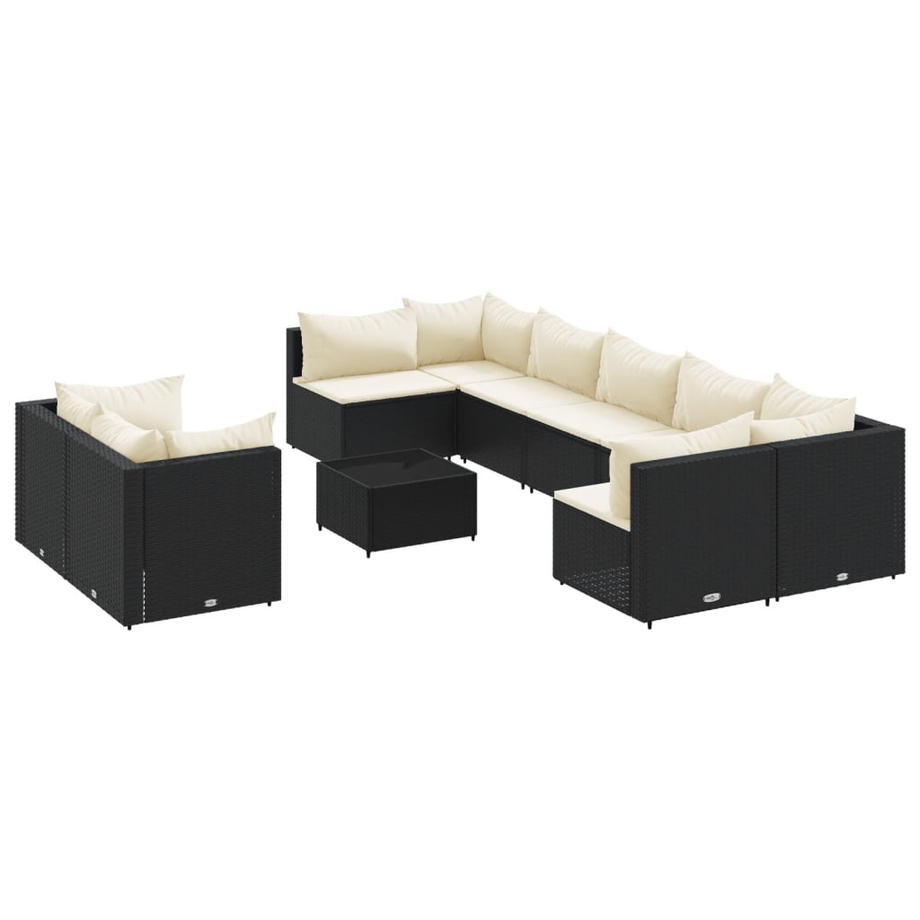 10-tlg. Garten-Sofagarnitur mit Kissen Schwarz Poly Rattan