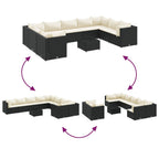 10-tlg. Garten-Sofagarnitur mit Kissen Schwarz Poly Rattan