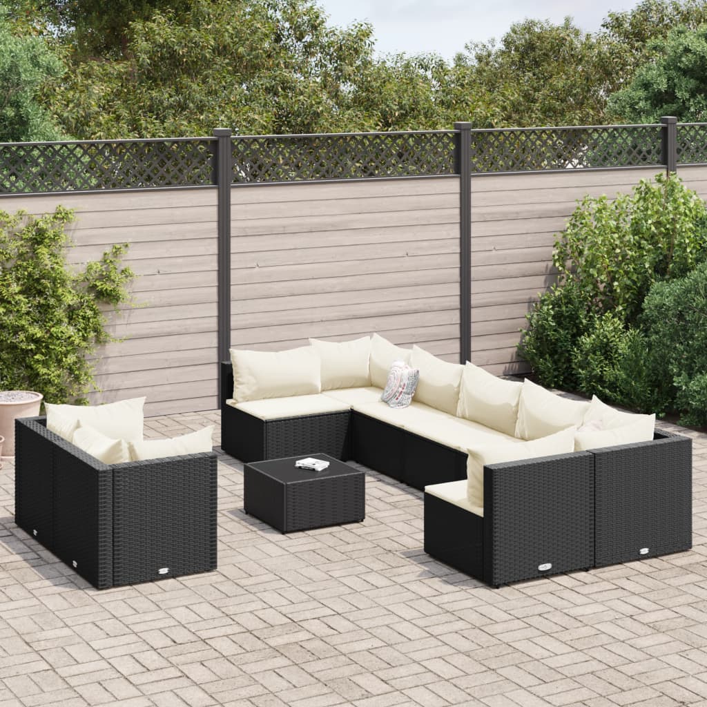 10-tlg. Garten-Sofagarnitur mit Kissen Schwarz Poly Rattan