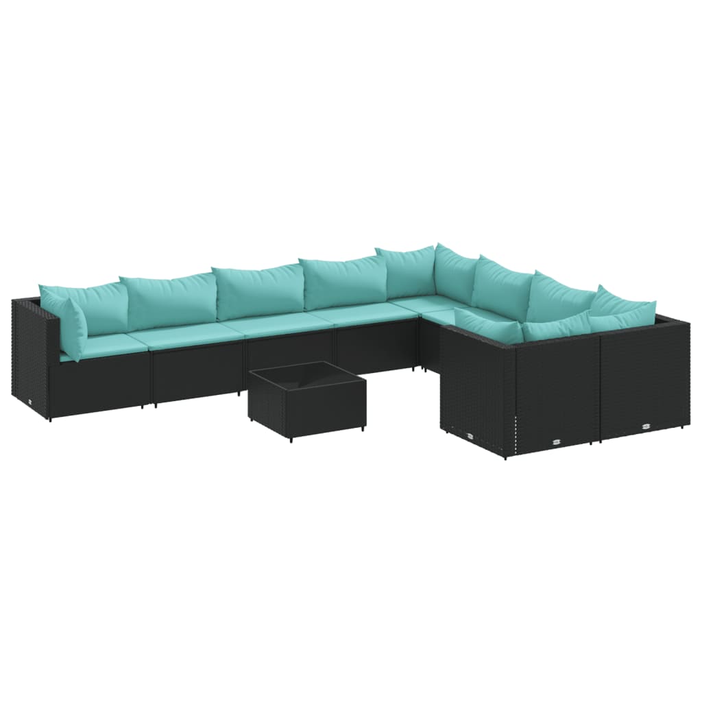 10-tlg. Garten-Sofagarnitur mit Kissen Schwarz Poly Rattan