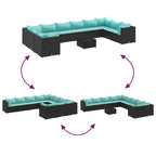 11-tlg. Garten-Sofagarnitur mit Kissen Schwarz Poly Rattan