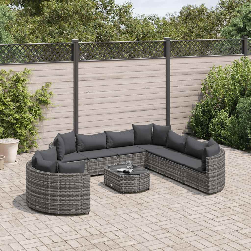10-tlg. Garten-Sofagarnitur mit Kissen Grau Poly Rattan