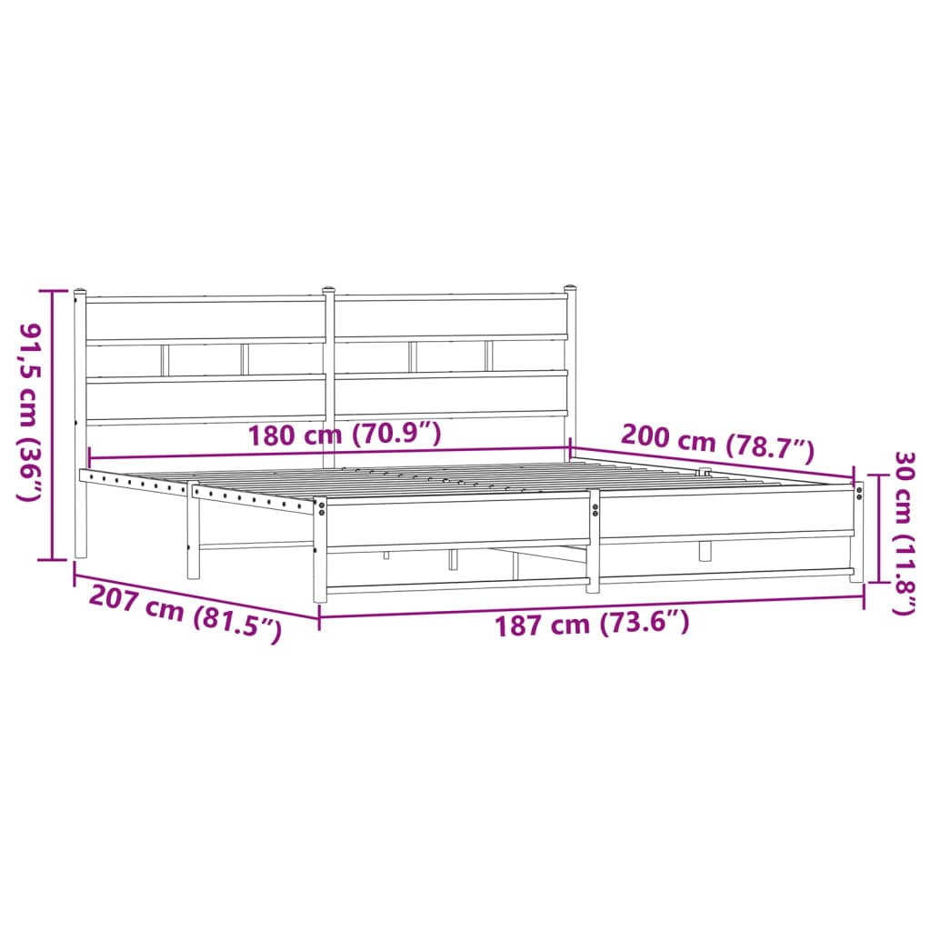 Metallbett ohne Matratze Braun Eichen-Optik 180x200 cm