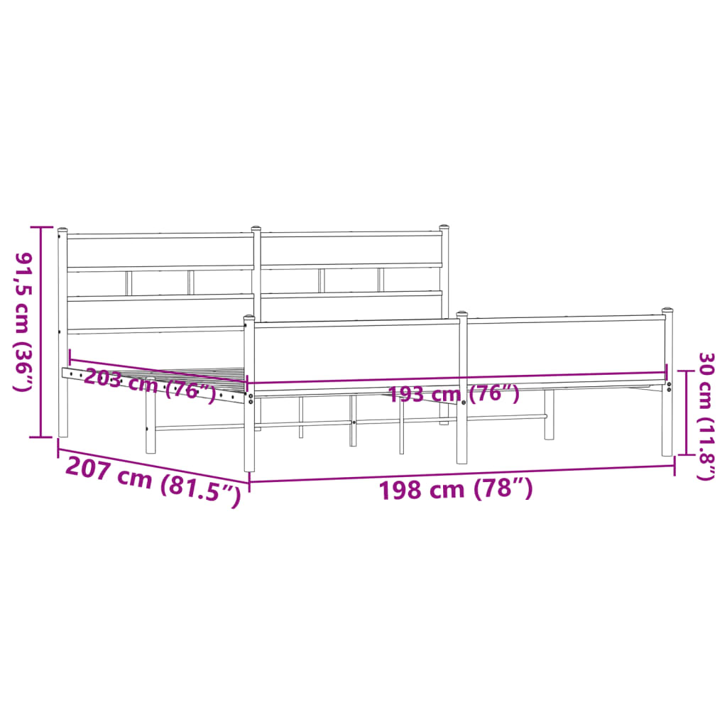 Metallbett ohne Matratze Braun Eichen-Optik 193x203 cm