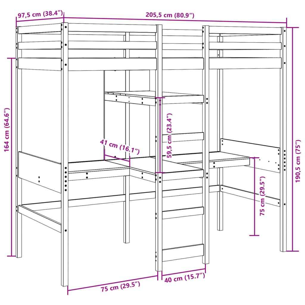 Hochbett mit Schreibtisch & Ablagen Weiß 90x200 cm Kiefernholz