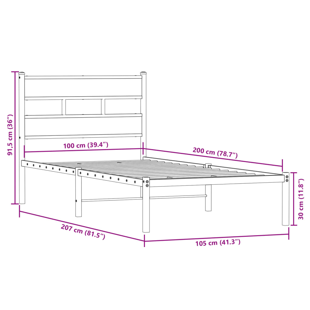 Metallbett ohne Matratze Räuchereiche 100x200 cm