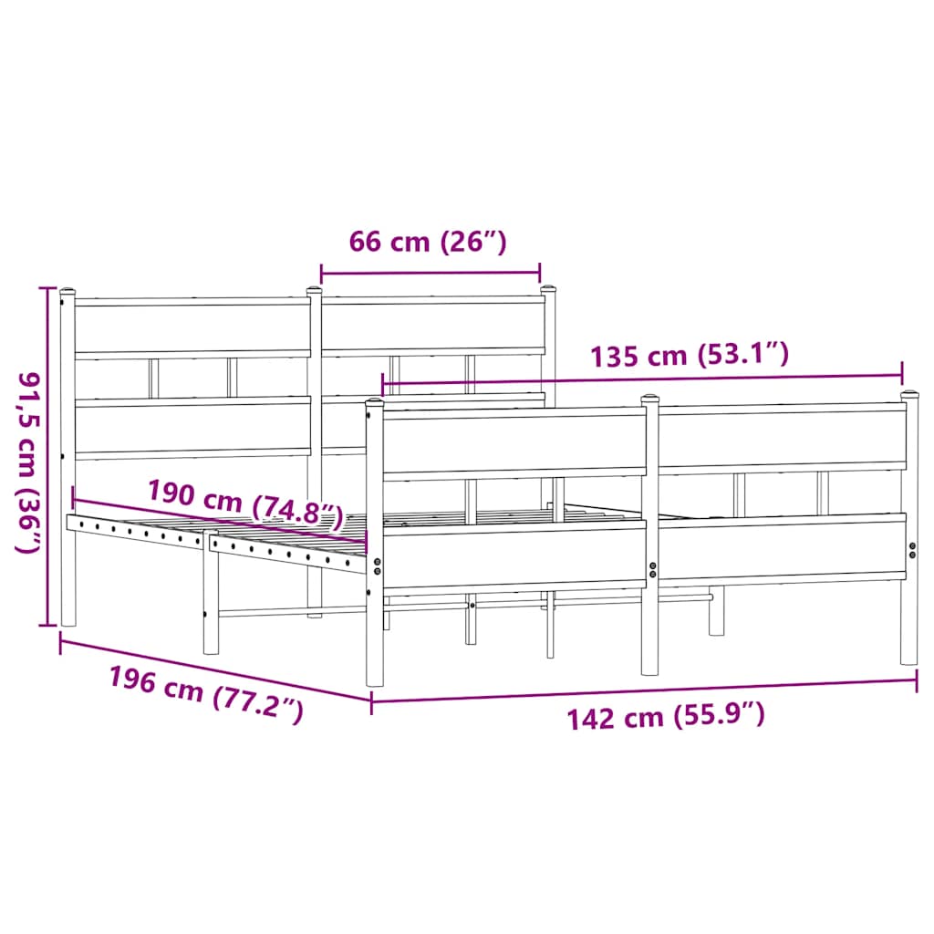 Metallbett ohne Matratze Räuchereiche 135x190 cm