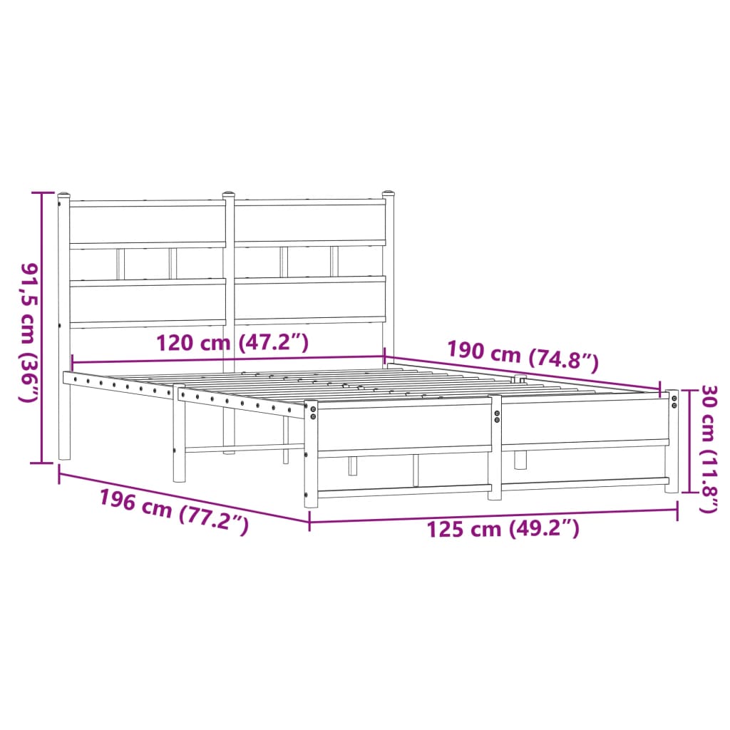 Metallbett ohne Matratze Eichen-Optik 120x190 cm