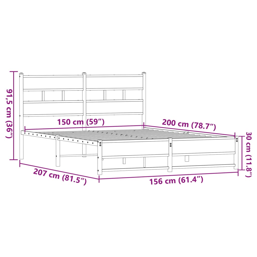 Metallbett ohne Matratze Braun Eichen-Optik 150x200 cm