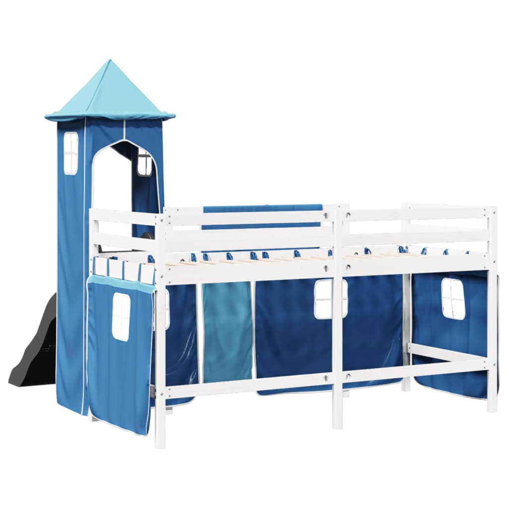 Kinderhochbett mit Turm Blau 90x200 cm Massivholz Kiefer