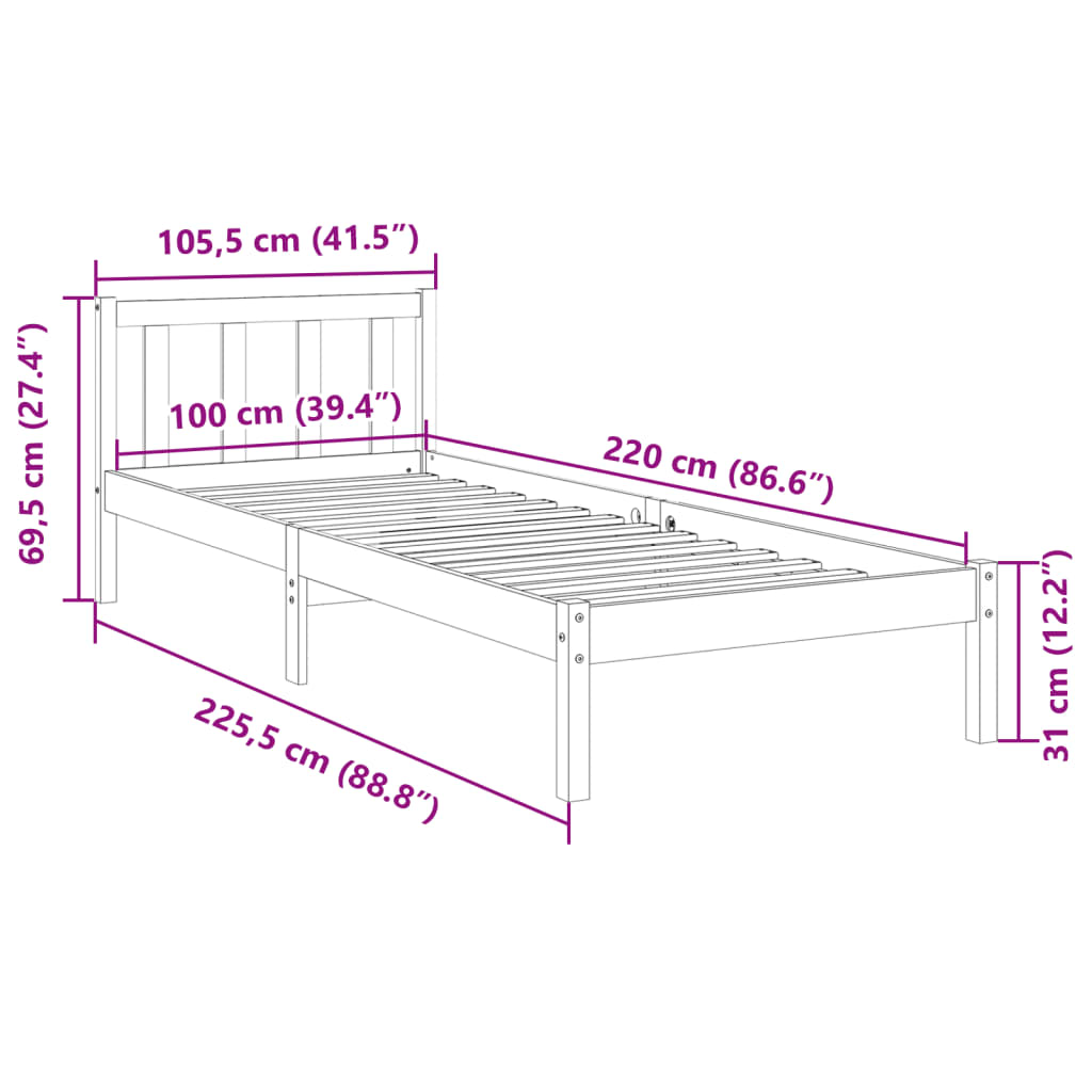Massivholzbett Extra Lang ohne Matratze Weiß 100x220 Kieferholz
