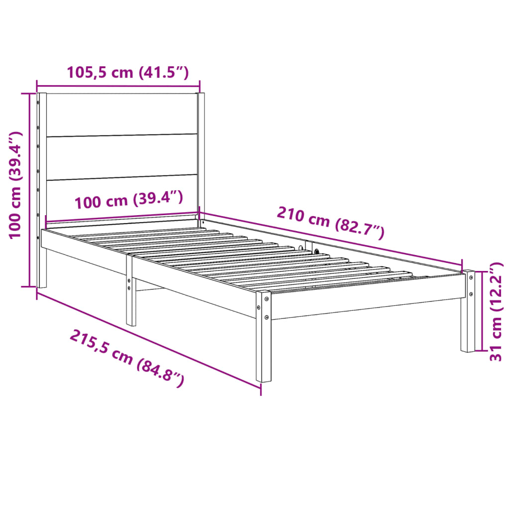 Massivholzbett Extra Lang ohne Matratze Weiß 100x210 cm