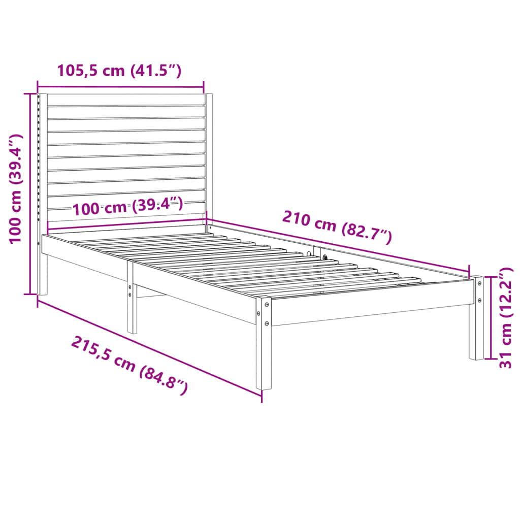 Massivholzbett Extra Lang ohne Matratze Weiß 100x210 cm