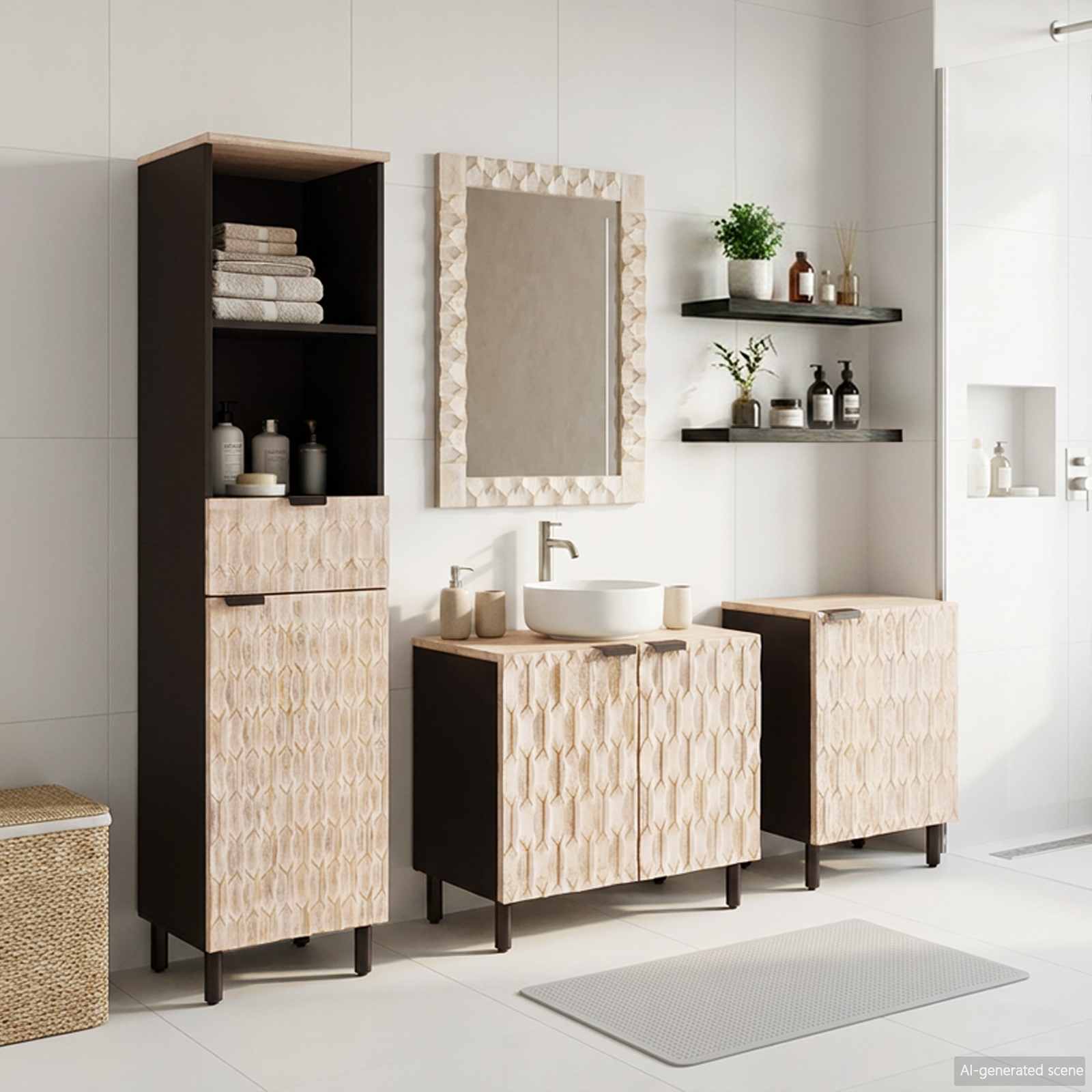 Badezimmer Sets mit Regal 4 pcs Weiße gewaschene Oberfläche