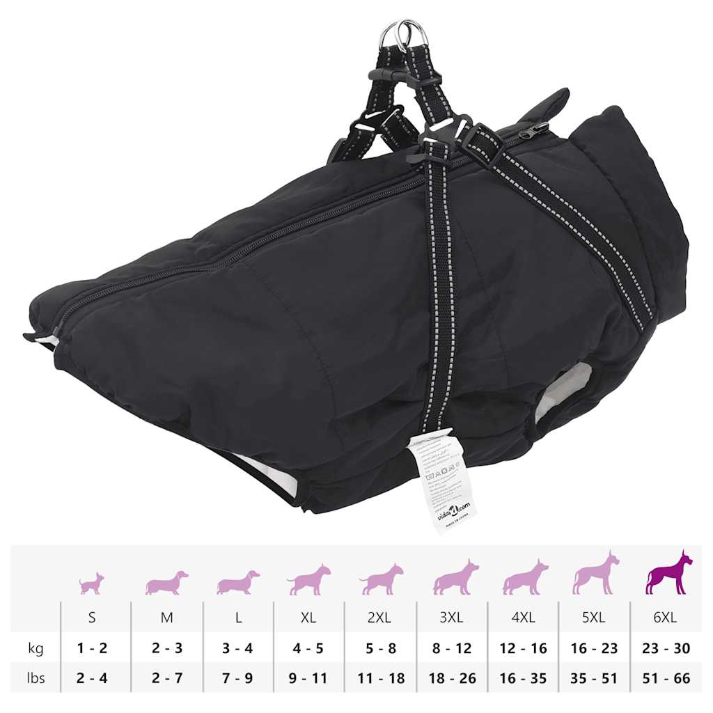 Hundemantel mit Geschirr Wasserdicht Reflektierend Schwarz 6XL