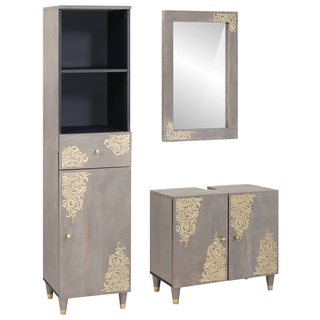 Badezimmerschrank-Set Wandmontiert 3 pcs Grau Massivholz Mango