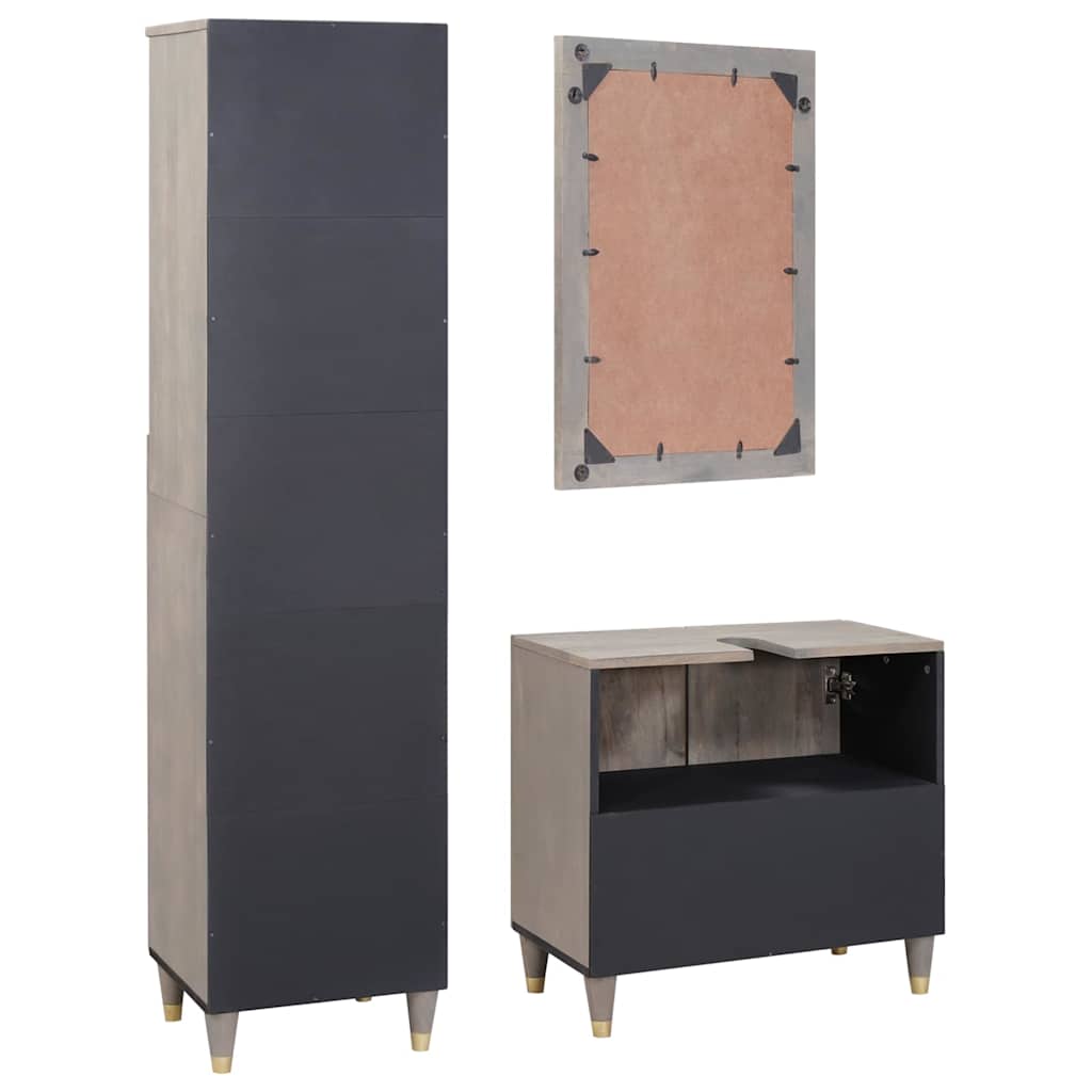 Badezimmerschrank-Set Wandmontiert 3 pcs Grau Massivholz Mango