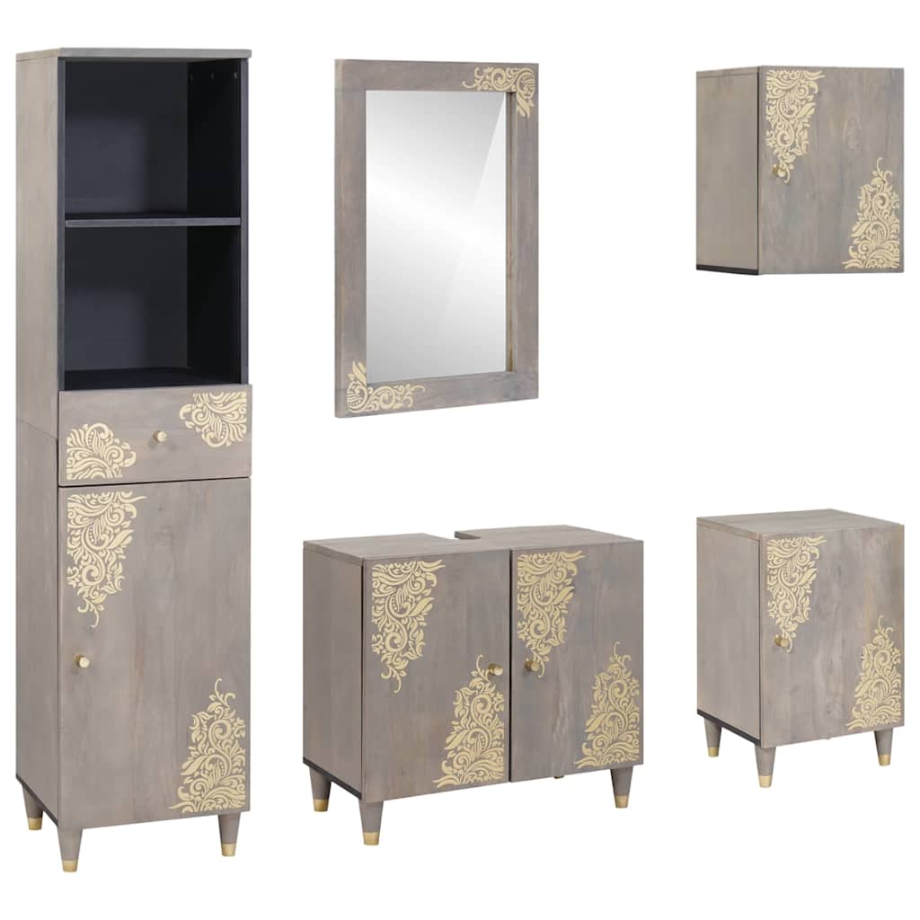 Badezimmerschrank-Set Wandmontiert 5 pcs Grau Massivholz Mango