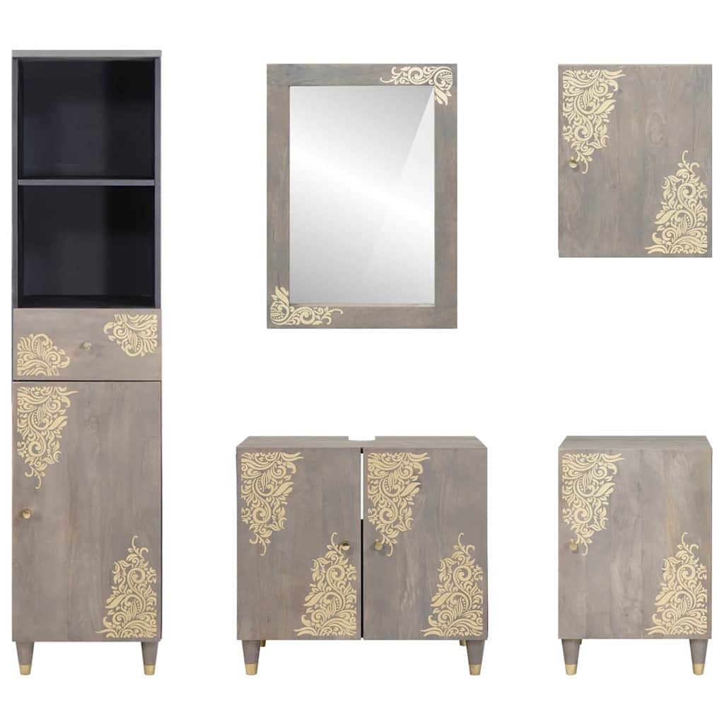 Badezimmerschrank-Set Wandmontiert 5 pcs Grau Massivholz Mango