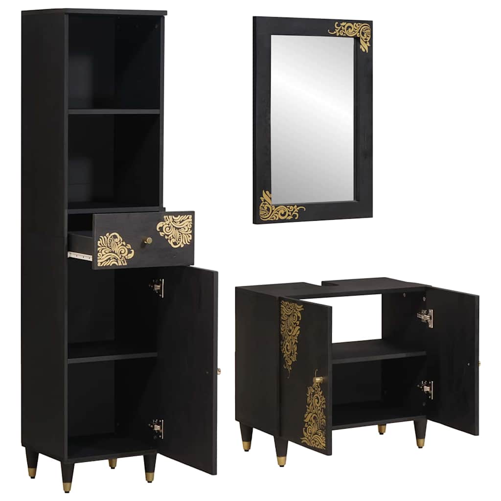 Badezimmerschrank-Set mit Tür 3 pcs Schwarz Massivholz Mango