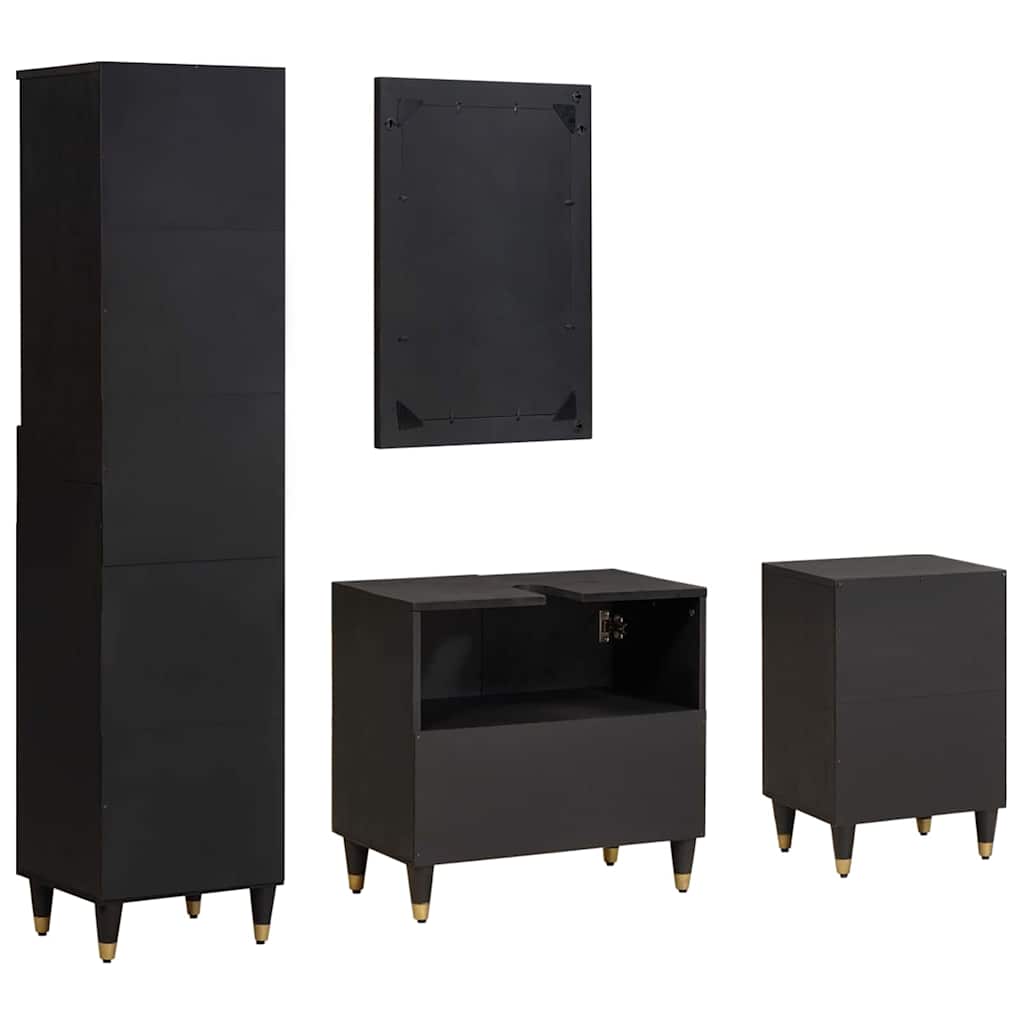 Badezimmerschrank-Set mit Tür 4 pcs Schwarz Massivholz Mango