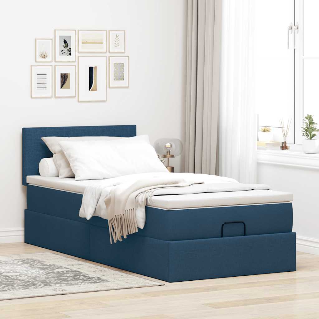 Ottoman-Bett mit Matratze & LEDs Blau 90x190 cm Stoff