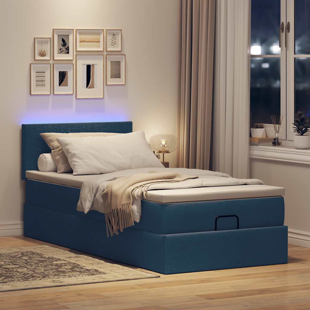 Ottoman-Bett mit Matratze & LEDs Blau 100x200 cm Stoff