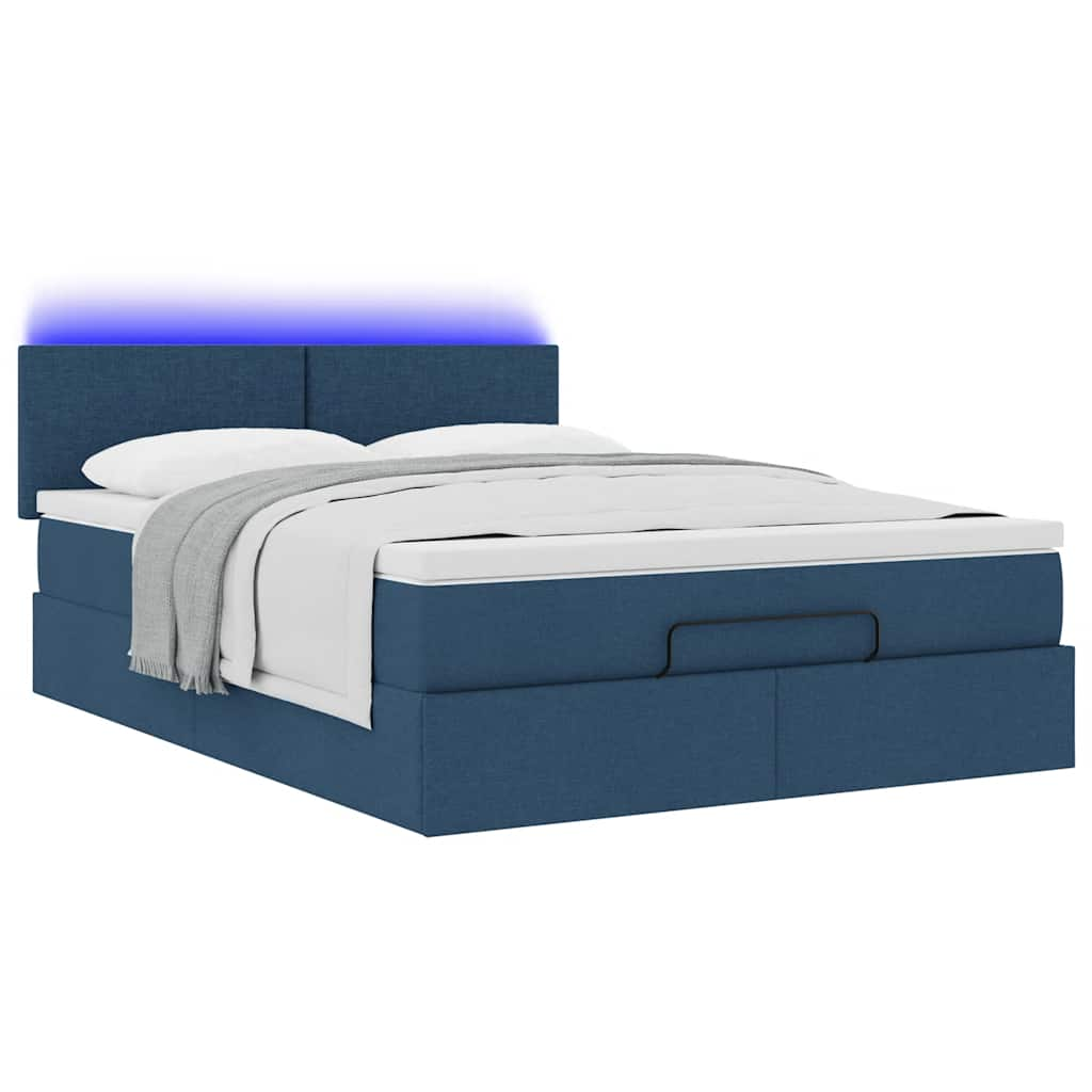 Ottoman-Bett mit Matratze & LEDs Blau 140x200 cm Stoff