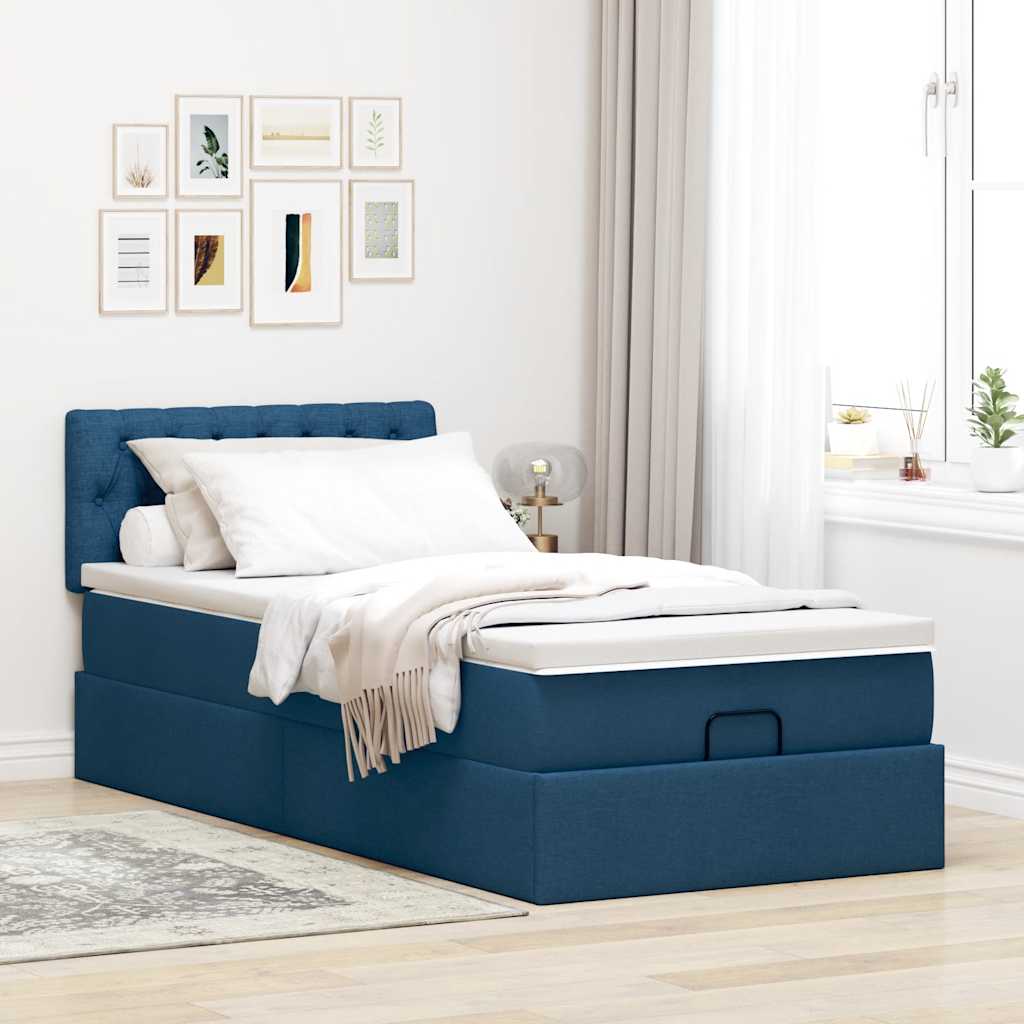 Ottoman-Bett mit Matratze & LEDs Blau 90x200 cm Stoff