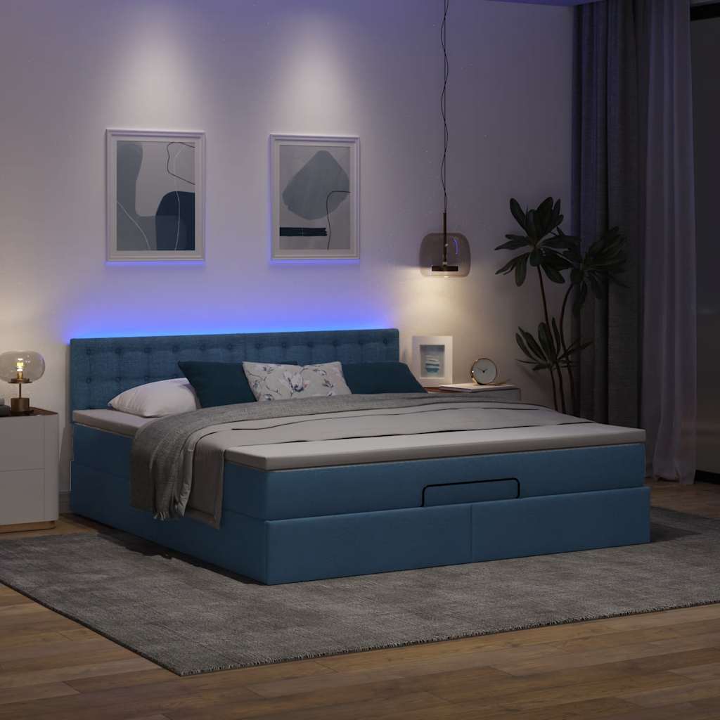 Ottoman-Bett mit Matratze & LEDs Blau 180x200 cm Stoff