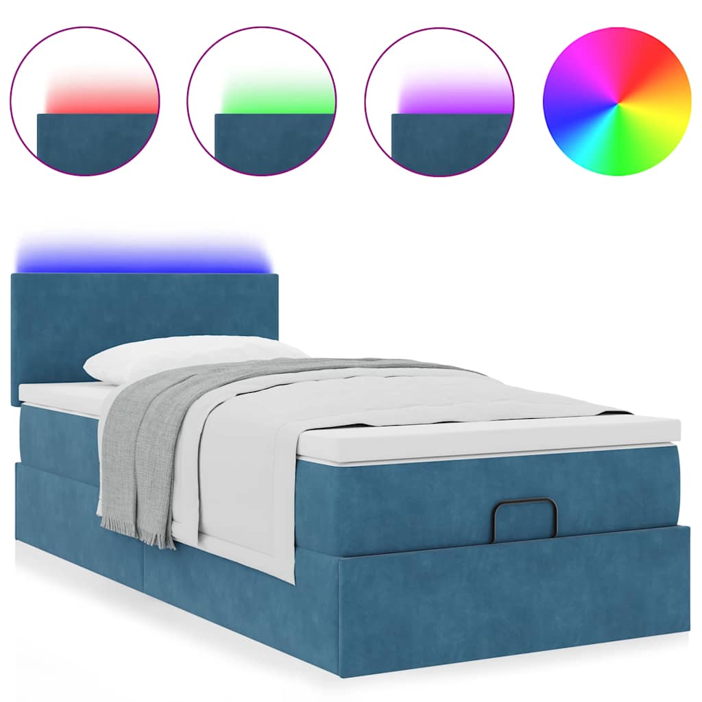 Ottoman-Bett mit Matratze & LEDs Dunkelblau 90x190 cm Samt