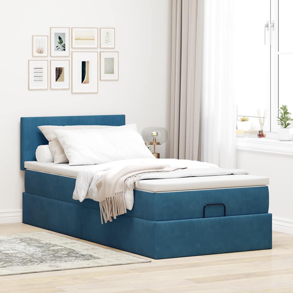 Ottoman-Bett mit Matratze & LEDs Dunkelblau 90x190 cm Samt