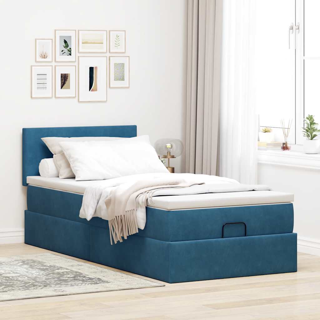 Ottoman-Bett mit Matratze & LEDs Dunkelblau 90x200 cm Samt