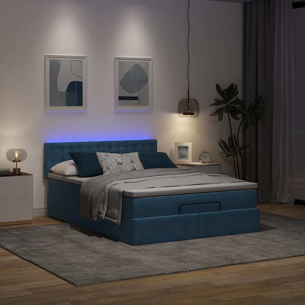 Ottoman-Bett mit Matratze & LEDs Dunkelblau 140x190 cm Samt