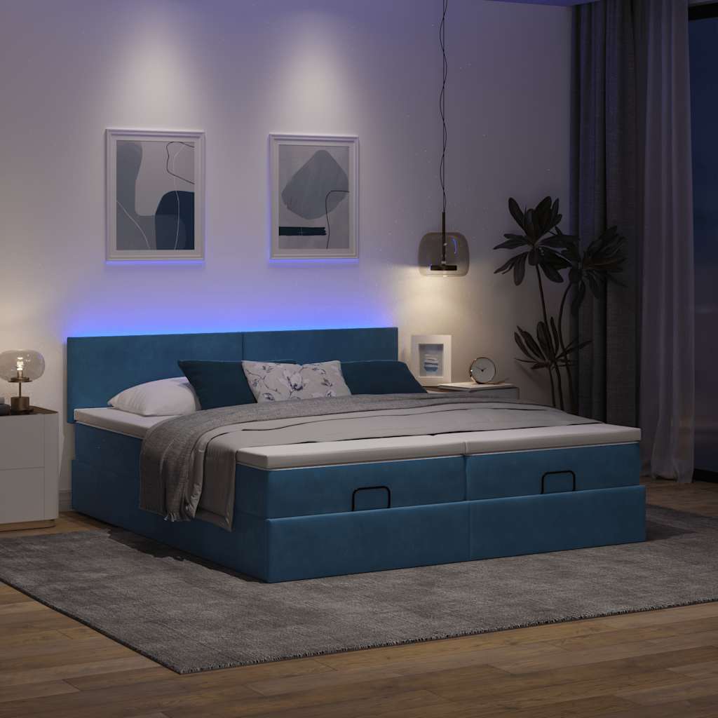 Ottoman-Bett mit Matratzen & LEDs Dunkelblau 180x200 cm Samt