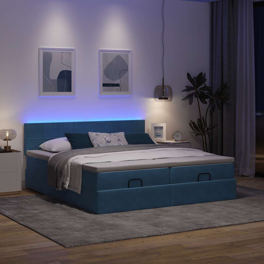 Ottoman-Bett mit Matratzen & LEDs Dunkelblau 200x200 cm Samt