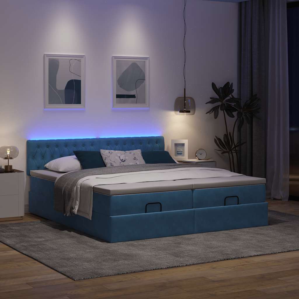 Ottoman-Bett mit Matratzen & LEDs Dunkelblau 180x200 cm Samt