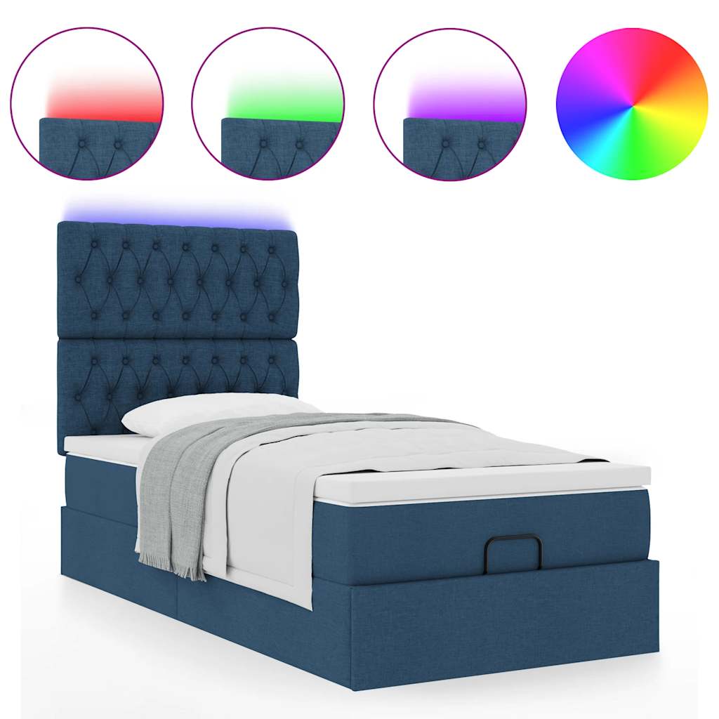 Ottoman-Bett mit Matratze & LEDs Blau 90x200 cm Stoff