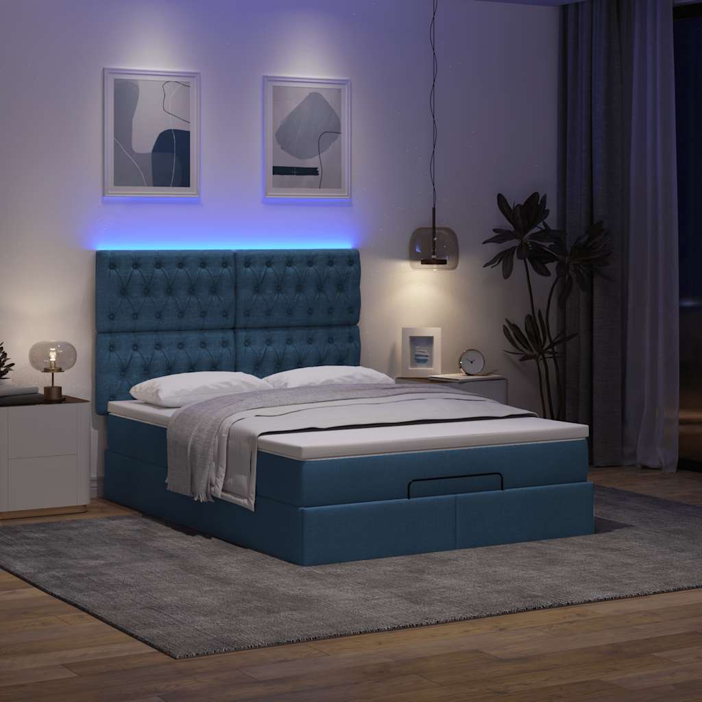 Ottoman-Bett mit Matratze & LEDs Blau 140x190 cm Stoff