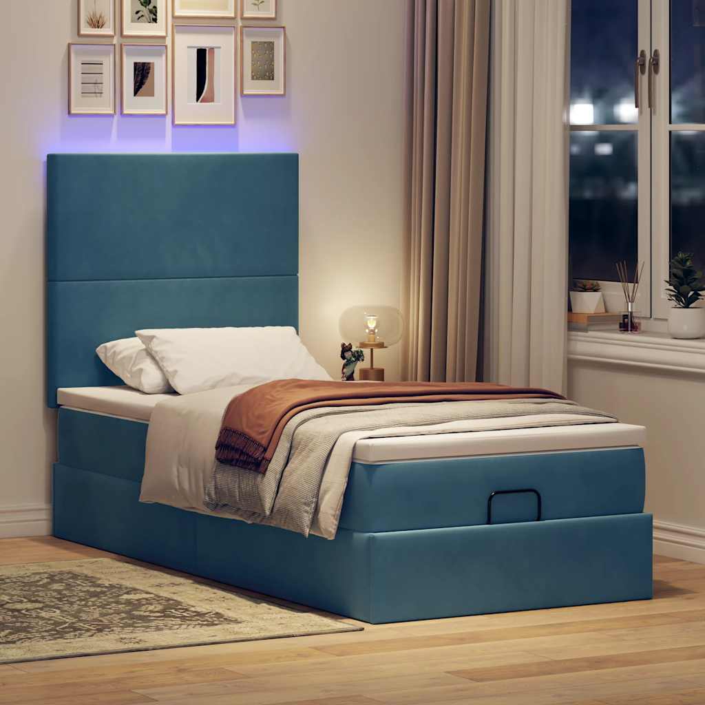 Ottoman-Bett mit Matratzen & LEDs Dunkelblau 90x200 cm Samt