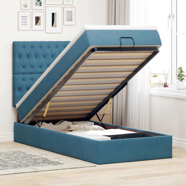 Ottoman-Bett mit Matratzen & LEDs Dunkelblau 90x190 cm Samt