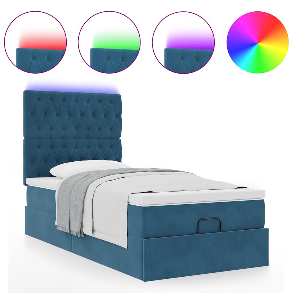 Ottoman-Bett mit Matratzen & LEDs Dunkelblau 90x200 cm Samt