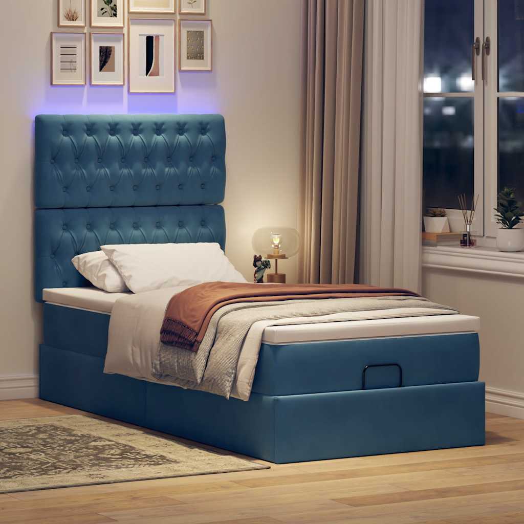 Ottoman-Bett mit Matratzen & LEDs Dunkelblau 90x200 cm Samt