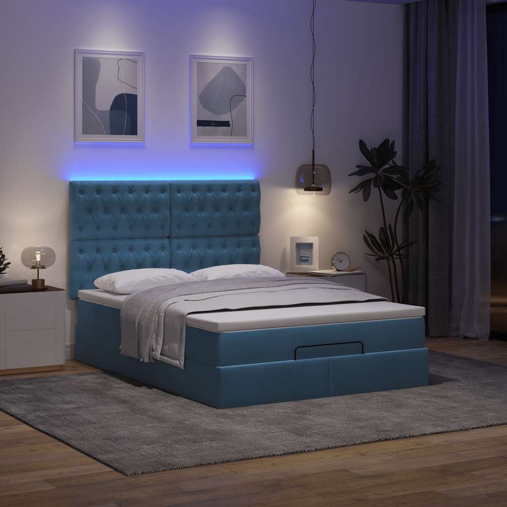 Ottoman-Bett mit Matratzen & LEDs Dunkelblau 140x190 cm Samt