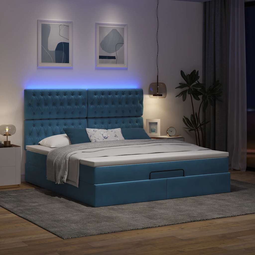 Ottoman-Bett mit Matratzen & LEDs Dunkelblau 180x200 cm Samt